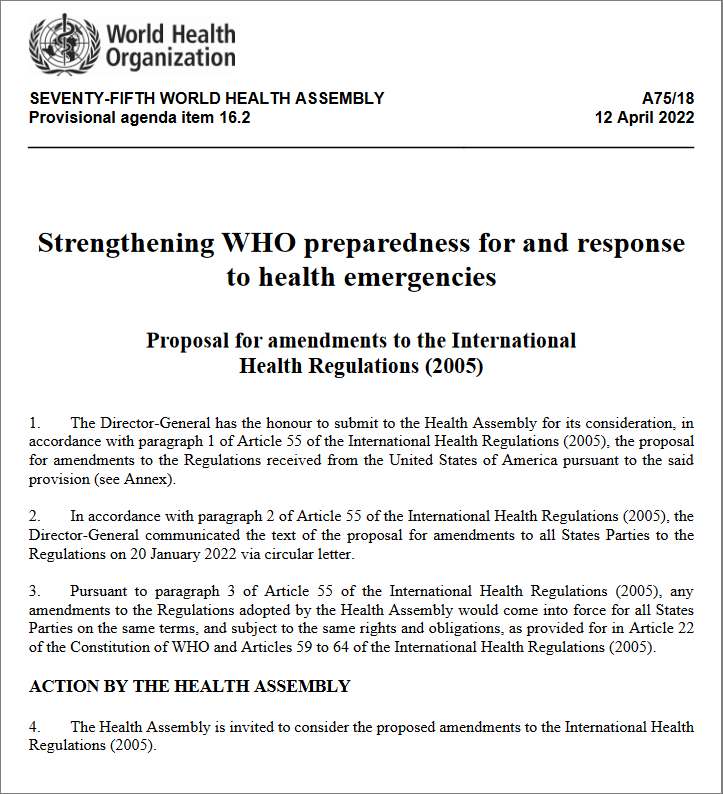 PROPOSAL FOR AMENDMENTS TO THE INTERNATIONAL HEALTH REGULATIONS On